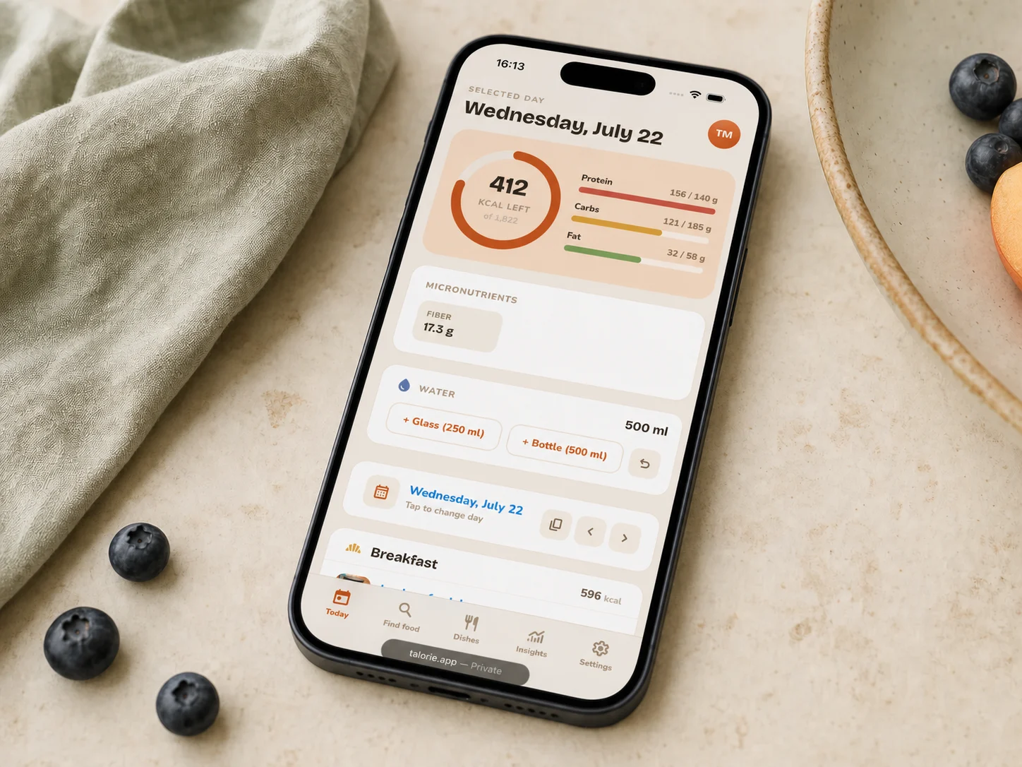 productscreenshot: het dagoverzicht van Talorie